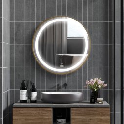 kleankin Round Bathroom LED Mirror, Dimmable Lighted Wall-Mounted Mirror with 3 Temperature Colours, Time Display, Memory Function, Hardwired, Gold