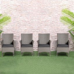 Outsunny 4 Pieces Outdoor PE Rattan Dining Chairs Set with Cushion, Garden Armchair with Armrests, High Backrest, Metal Frame Patio Wicker Furniture, Grey