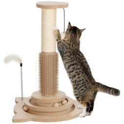 PawHut Cat Scratching Post, 49cm Cat Scratcher with Sisal Post, Interactive Track Ball Toy, Self Grooming Brush, Hanging Toy Ball, Feather, 5 in 1 Small Kitten Cat Scratch post, Oak Tone