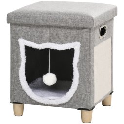 PawHut Cat House Cave, Cat Bed Cube with Scratching Pad, Soft Detachable & Washable Cushion, Toy Ball, for Indoor Kittens, Grey