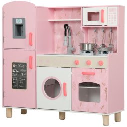AIYAPLAY Toy Kitchen, Pretend Role Play Kitchen, Kids Kitchen Set with Lights and Sounds, Double Stoves, Ice Maker, Chalkboard, Microwave, Oven, Sink, 5 Accessories, for 3+ Years, Pink