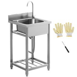 HOMCOM Outdoor Utility Sink, Stainless Steel Free Standing Single Bowl Kitchen Sink with Cold and Hot Water Pipe and Storage Shelf for Laundry Garage, 55 x 50 x 100 cm