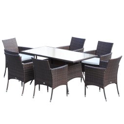 Outsunny 7-Piece Rattan Garden Furniture Set with Cushions, 6 Seater Garden Table and Chairs, Rattan Dining Set with 6 Armchairs, Rectangular Glass Top Table, Brown