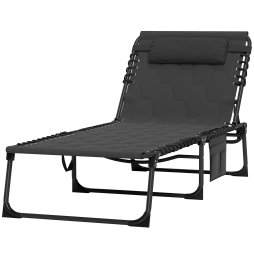 Outsunny Foldable Sun Lounger Set with 5-level Reclining Back, Outdoor Tanning Chairs Sun Loungers with Build-in Padded Seat, Side Pocket, Headrest for Beach, Patio, Black