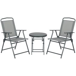 Outsunny Garden Bistro Set, 3 Pieces Table and Chairs Set, Outdoor Garden Furniture with Foldable Breathable Mesh Fabric Armchairs & Glass Top Coffee Table, Light Grey