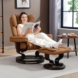 HOMCOM 360° Swivel Recliner Chair with Footstool, PU Leather Manual Recliner Armchair with Footstool, Solid Wood Base, Upholstered Reclining Chair for Living Room, Bedroom, Office, Brown