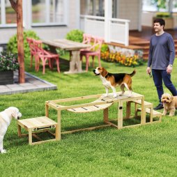 PawHut Dog Agility Equipment 3 Pieces Wooden Dog Agility Set with Soft Bridge, Pause Platform and Pet Stair for Outdoor, Natural Wood