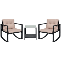 Outsunny 3 Pieces Rattan Garden Rocking Chair Set, Outdoor Rocking Bistro Set w/ 2 Cushioned Armchair and Glass Top Two-tier Coffee Table, Black