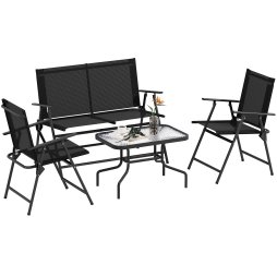 Outsunny Outdoor 4 Pieces Patio Furniture Set with Breathable Mesh Fabric Seat & Backrest, Garden Set with Two Foldable Armchairs, a Loveseat & Glass Top Table, Black