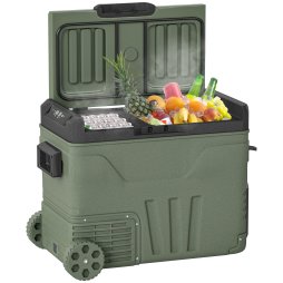 Outsunny 45L Car Fridge Freezer Dual Zone, Portable Camping Fridge 12V/24V DC & 100-240V AC, Electric Cool Box -20°C-20°C with Wheels and LED Light, for Travel, RV, Road Trip, Picnic