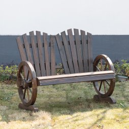 Outsunny 2 Seater Garden Bench, Comfortable Fir Wood Love Chair with Wagon Wheel-Shaped Armrests, Outdoor Adirondack Wooden Loveseats, Carbonized Colour