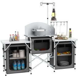 Outsunny Folding Camping Kitchen, Portable Aluminium Camping Table with 3 Fabric Cupboards, Windshield, Light Stand, Carrying Bag for BBQ, RV, Picnic, Grey