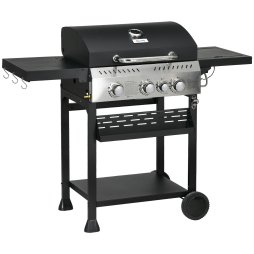 Outsunny 3+1 Gas Burner Grill, 11.5 kW Propane Gas Barbecue BBQ Grill with Wheels, Warming Rack, Shelves, Thermometer, Bottle Opener, Black