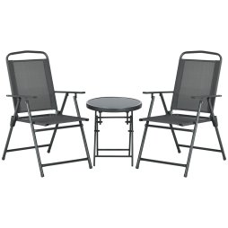 Outsunny Garden Bistro Set, 3 Pieces Table and Chairs Set, Outdoor Garden Furniture with Foldable Breathable Mesh Fabric Armchairs & Glass Top Coffee Table, Dark Grey