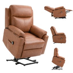 HOMCOM Power Lift Recliner Chair, Electric Lift Chair for Elderly, Overstuffed Faux Leather Riser and Reclining Armchair with Remote Control, Side Pockets, for Living Room, Brown