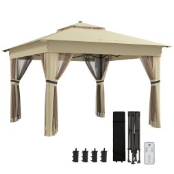 Outsunny 3 x 3(m) Pop Up Gazebo with Sides, 20 Solar-Powered LED Lights, Netting, Roller Bag, 4 Weight Bags, Marquee Party Tent, Height Adjustable Instant Event Shelter, Khaki
