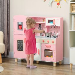 AIYAPLAY Toy Kitchen, Pretend Role Play Kitchen, Kids Kitchen Set with Lights and Sounds, Double Stoves, Ice Maker, Chalkboard, Microwave, Oven, Sink, 5 Accessories, for 3+ Years, Pink