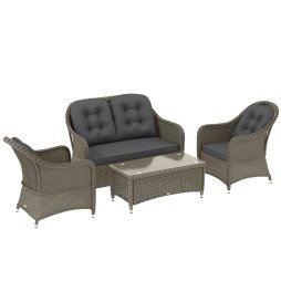 Outsunny 4 Pieces Outdoor PE Rattan Garden Furniture with Cushions, Patio Special Hand Weave Wicker Conservatory Sofa Set with Glass Top Coffee Table, Light Grey