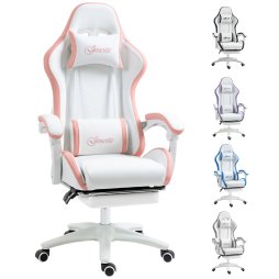 Vinsetto Computer Gaming Chair, PU Leather Office Desk Chair with Footrest, Swivel Wheels, 135?? Reclining Back, Lumbar Support, Headrest for Home, White and Pink