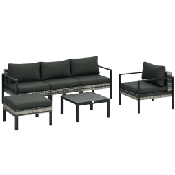 Outsunny 6 Pieces PE Rattan Garden Furniture Set with Sofa, Armchairs, Stool, Patio Sofa Set with Metal Coffee Table, Cushions, for Poolside, Charcoal Grey