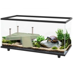 PawHut Turtle Tank, 50L Glass Turtle Aquarium with Basking Platform, Ramp, Easy Drainage, Strip Patch Thermometer, for Small Turtles, 60 x 30 x 32cm