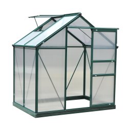 Outsunny 6 x 4ft Polycarbonate Greenhouse, Large Walk-In Green House with Slide Door and Window, Garden Plants Grow House with Aluminium Frame and Foundation, Dark Green