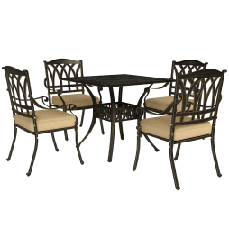 Outsunny 5 Pieces Cast Aluminium Garden Dining Set, 4 Seater Garden Table and Chairs with Parasol Hole, Outdoor Garden Furniture Set with Cushions for Patio, Bronze Tone