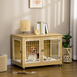 PawHut Dog Crate Furniture, Side End Table, Indoor Dog Kennel with Soft Washable Cushion, Wire Mesh, Large Top, for Medium and Large Dogs, 90 x 58 x 65, Oak Tone
