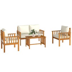 Outsunny 4 Piece Garden Furniture Set, 4 Seater Acacia Wood Patio Conversation Set with 2 Chairs, Loveseat, Thick Cushions and Coffee Table, Slat Design, Teak