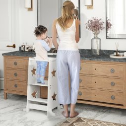 AIYAPLAY Toddler Step Stool, Toddler Tower, 2 in 1 Toddler Step with Safety Rail, for Kitchen, Bathroom, Counter, White