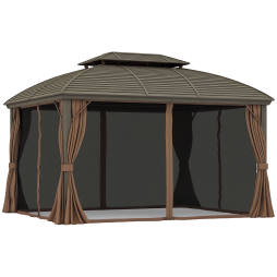 Outsunny 3.65 x 3(m) Hardtop Steel Gazebo Canopy for Patio Heavy Duty Outdoor Pavilion with Aluminium Alloy Frame, Double Roof, Net Sidewalls and Curtains, Coffee