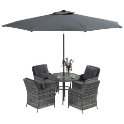 Outsunny 4 Seater Rattan Dining Set with Parasol, Luxury Rattan Garden Furniture Set with Seat and Back Cushions, Outdoor Table and Chairs, Round Glass Top Table
