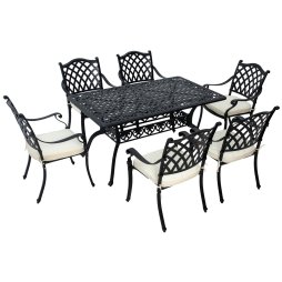 Outsunny 7 PCs Garden Patio Dining Set with Parasol Hole, Cast Aluminium Outdoor Furniture Set with Six Cushioned Chairs and Rectangle Dining Table, for Garden, Lawn, Deck, Black
