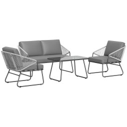 Outsunny 4 Piece Rattan Garden Furniture Set, Wicker Patio Outdoor Furniture Set with Loveseat, Armchairs, Glass Top Coffee Table and Cushions for Patio, Conservatory, Balcony, Grey