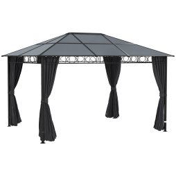 Outsunny 3 x 4m Hardtop Gazebo Canopy with Polycarbonate Roof, Permanent Pavilion Garden Gazebo with Curtains for Patio, Deck, Grey