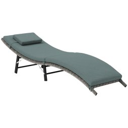 Outsunny Folding Rattan Sun Lounger, Wicker Garden Lounger with Cushion and Pillow, Outdoor Sunbed with Steel Frame for Patio, Beach, Terrace, Mixed Grey
