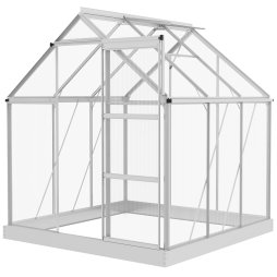 Outsunny 6 x 6ft Polycarbonate Greenhouse, Walk-In Greenhouse with Sliding Door, Adjustable Window, Aluminium Frame and Foundation, Garden Grow House with Rain Gutter, Silver