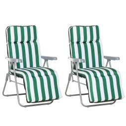 Outsunny Reclining Garden Chair Set of 2, 5-Level Adjustable Zero Gravity Chairs with Cushions, Folding Sun Lounger Garden Recliner Chairs with Armrests for Outdoor, Patio, Green Stripe