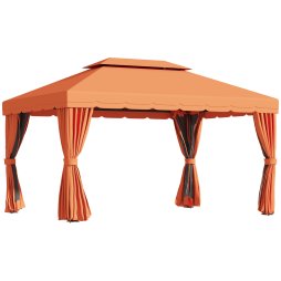 Outsunny 4 x 3 m Aluminum Garden Gazebo, Double Roof Outdoor Gazebo Canopy Shelter with Netting & Curtains for Garden, Lawn, Backyard and Deck, Orange