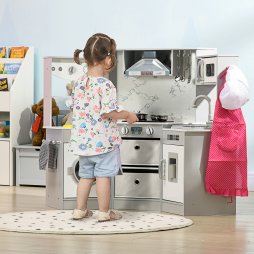 AIYAPLAY Toy Kitchen Playset, Kids Play Kitchen, Role Playing Game with Running Water, Lights, Sounds, Apron and Chef Hat, Water Dispenser, Sink, Utensils, Ages 3-6 Years - Grey