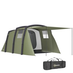 Outsunny Inflatable 3-4 Man Tunnel Tent w/ Air Pump, Living Area & Vestibule, Waterproof Family Camping Air Tent w/ Sewn In Groundsheet & Removable Footprint for Camping, Hiking, Olive Green