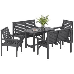Outsunny 5 Piece Wooden Garden Dining Set for 6, Outdoor Conversation Set with 2 Armchairs, 2 Loveseats and Dining Table with Umbrella Hole for Patio, Balcony, Grey