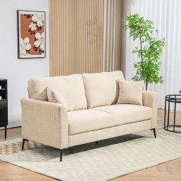HOMCOM Modern 3 Seater Sofa, Upholstered Linen Fabric Sofa with Metal Legs, Wood Frame and Padded Cushion for Living Room Bedroom Office, Beige