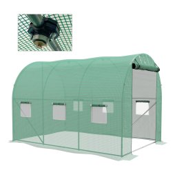 Outsunny 3 x 2(m) Polytunnel Greenhouse with Sprinkler Irrigation System, Walk-in Green House for Garden with Wide Roll-up Door, 6 Mesh Windows, Galvanised Steel Frame, Green