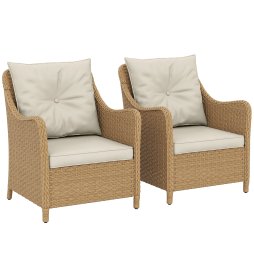 Outsunny Rattan Garden Chairs Set of 2, Outdoor Rattan Chairs with Cushions, Armrests and High Back, PE Wicker Garden Armchair with Steel Frame for Balcony, Porch, Beige