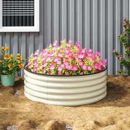 Outsunny Galvanised Raised Garden Bed with Safety Edging, Outdoor Raised Planter Box with Gloves and Open Bottom, Metal Raised Bed for Flowers, Vegetables and Herbs, 120 x 120 x 43cm, Cream White