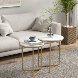 HOMCOM Nesting Coffee Table Set of 2, Modern Nest of Tables, Round Sofa Side Tables with Metal Frame for Living Room, Bedroom, Small Space, Gold Tone