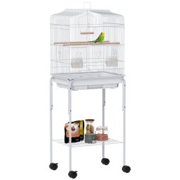PawHut Bird Cage Budgie Cages for Finch Canary Parakeet with Stand Wheels Slide-out Tray Accessories Storage Shelf, White 46.5 x 36 x 124 cm