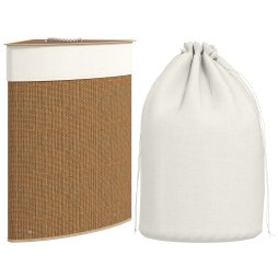 HOMCOM Bamboo Laundry Basket with Lid, 55L Corner Laundry Hamper with Removable Washable Liner Bag, Bathroom Triangle Washing Basket, 35 x 35 x 60 cm