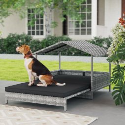 PawHut Rattan Dog House, Extendable Outdoor Wicker Dog Bed w/ Water-Resistant Roof, Removable Cushion, for Small and Medium Dogs - Charcoal Grey